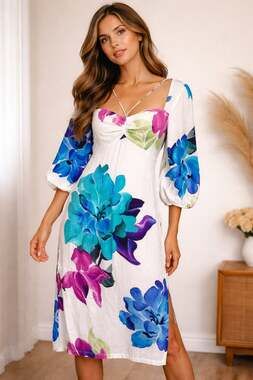 Maeve White Midi Dress with Blue Teal and Purple Floral Print